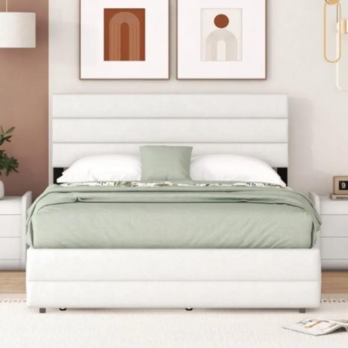 Lit pliant rembourré 140 x 200 cm avec matelas comprenant un cadre de lit pliant et deux tiroirs avec tête de lit — beige