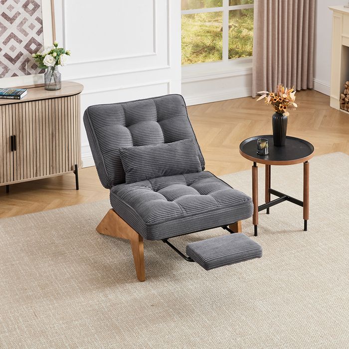 Fauteuil lounge - Moderne réglable - Velours côtelé gris foncé - Dossier réglable - Repose-pieds & coussin lombaire