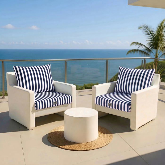 Ensemble Coussins Salon Jardin 50x60 Rayure Bleu Marine - Premium 270g (Assise + Dossier)