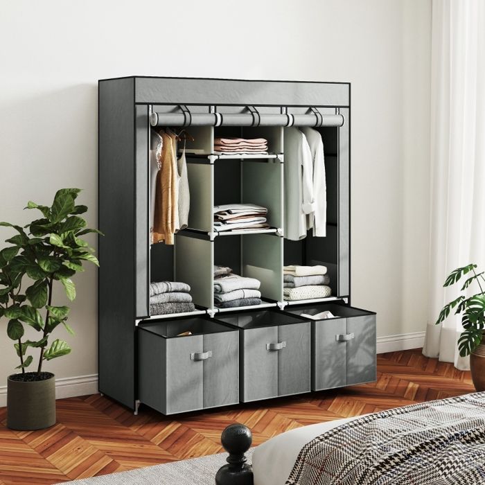 Armoire pliante en tissu avec penderie tiroirs et fermeture éclair idéale pour la chambre ou le dressing 125x43x1625 cm