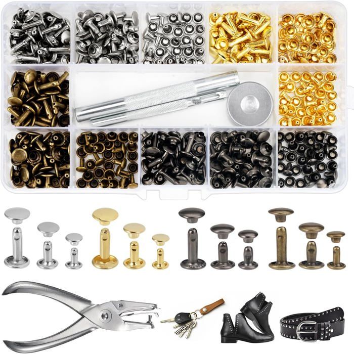 Kit de 180 rivets pour cuir (3 tailles) — Comprend 3 outils de pose et une pince emporte-pièce (4 couleurs disponibles)