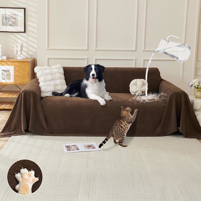 Housse de Canapé dAngle 2 Places Imperméable Anti-Griffes - Antidérapante pour Protection Chat - Marron 260x180 cm