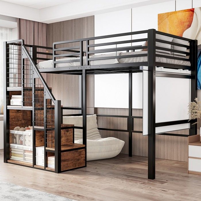 Lit mezzanine - 90x200 cm - Cadre métal noir - Rangement intégré - Échelle sécurité