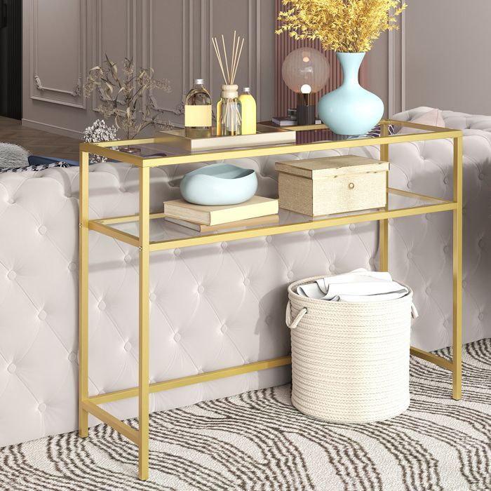 Console Dessus de Table en Verre Trempé Cadre Métallique Pieds Réglables pour Salon Entrée Couloir Doré et Transparent