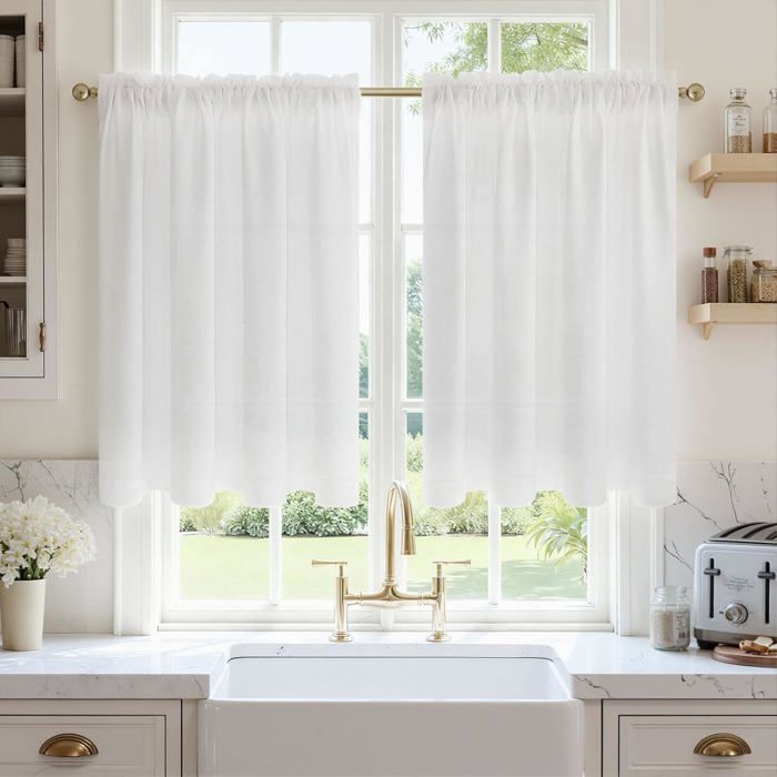 Rideaux Brise-Bise Court Cuisine - Effet Lin Blanc 90x45 cm - 2 Pièces Voilage Semi-Transparent Passe Tringle