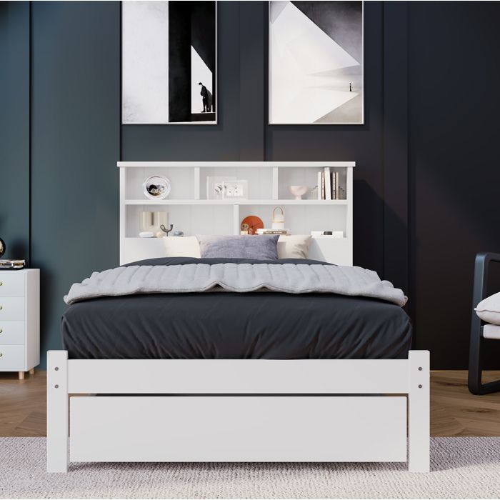 Lit enfant 90x200 cm avec rangement tête de lit bibliothèque 6 niches sommier à lattes bois blanc