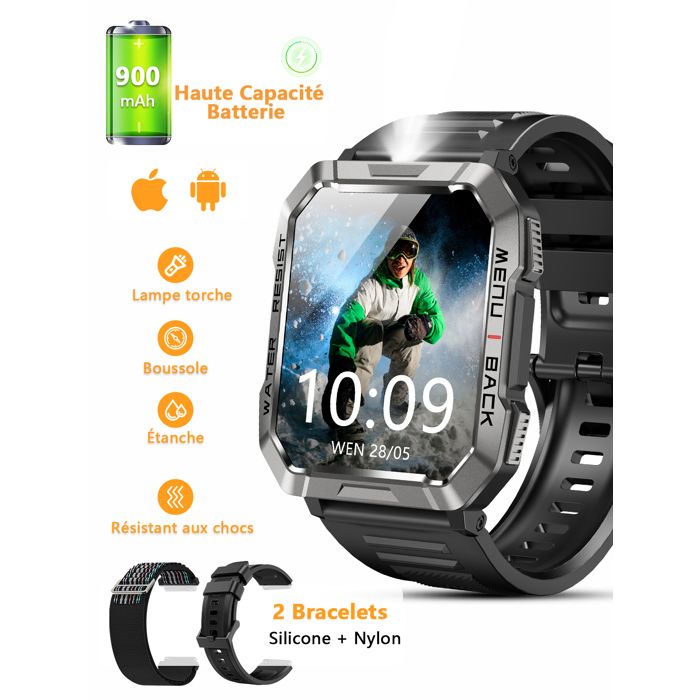 Montre Connectée Homme avec 900 mAh Lampe LED Boussole 100+ sportifs 24/7 Fréquence Cardiaque Étanche 2.01 Montre outdoor