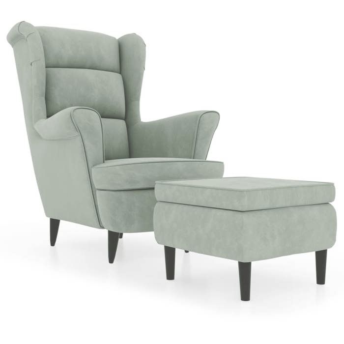 Fauteuil à oreilles avec tabouret au style luxueux - vidaXL - velours gris clair - 78 x 90 x 965 cm - pour salon qff54m