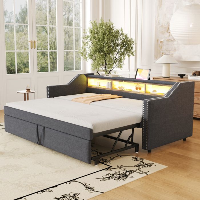 Canapé-lit convertible - KOMHTOM - KOMHTOM - 90–180x190 cm convertible - Gris foncé - Rangement & LED USB Canapé-lit convertible - KOMHTOM - KOMHTOM - 90–180x190 cm convertible - Gris foncé - Rangement & LED USB