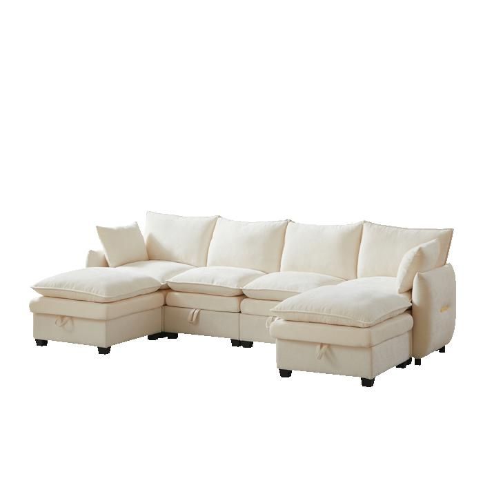 Canapé d’Angle en U modulable Beige- 4 places + 2 poufs- avec coffres de rangement- Tissu chenille -281x147x89cm