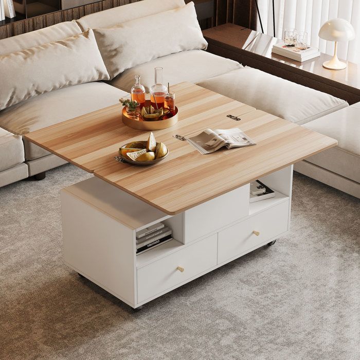 Table basse relevable et extensible avec 4 tiroirs table de salon modulable sur roulettes bois et blanc 100x50x47 5 cm.