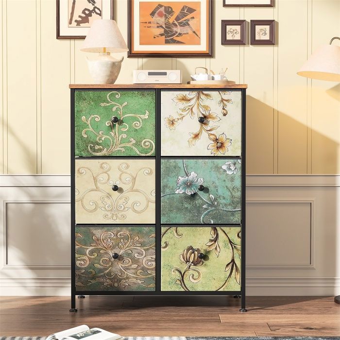 Commode chiffonnier rétro à 6 tiroirs multicolores - Buffet armoire de rangement design patchwork asymétrique artistique