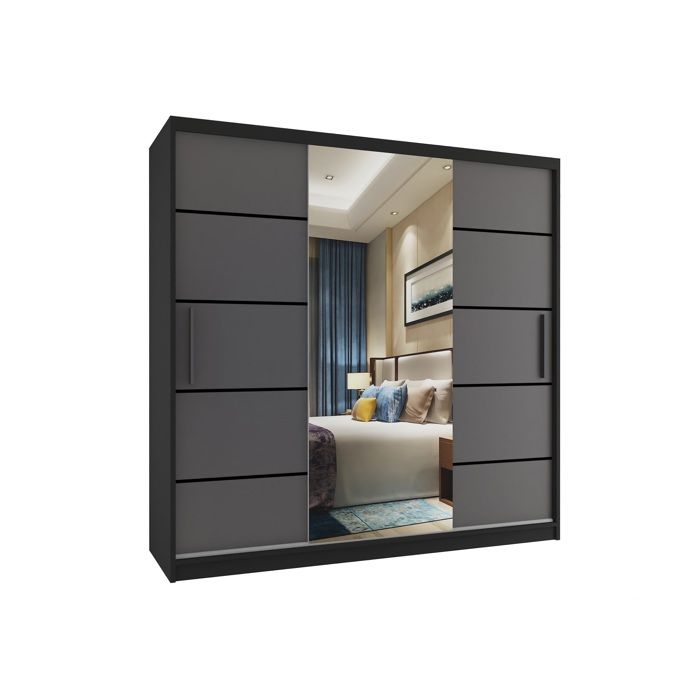 BELINI Grande Armoire 3 Portes Coulissantes VERONA MT 200 cm - Noir / Gris Mat - Miroir Intégré & 4 Tiroirs - Chambre Adulte