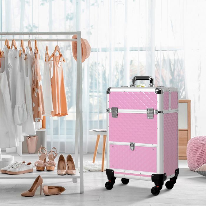 Valise de maquillage professionnelle à roulettes 34 x 25 x 62 cm rose avec tiroir pour voyage et travail