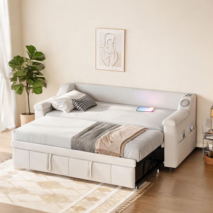 Sofa-lit beige en velours avec accoudoirs multimédia USB rangement et système hydraulique 180x190 cm