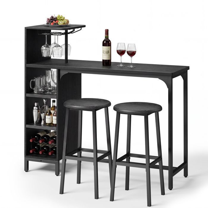 Mange Debout et 2 Tabourets - Bealife - 3 Étagères Réglables - 1 Porte-verres - Pieds Réglables - Ensemble Table de Bar - Noir