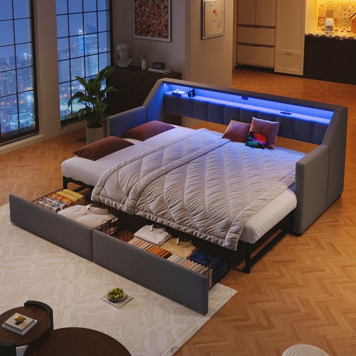 Canapé lit 90x200 gris lin avec LED USB-C 2 tiroirs pochettes et gigogne