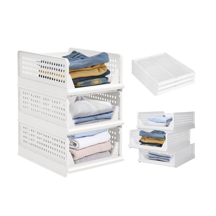 42cm Boîte de rangement pliable et empilable 3X Organisateurs tiroirs pour vêtements tiroirs casiers et penderie Étagère Blanc
