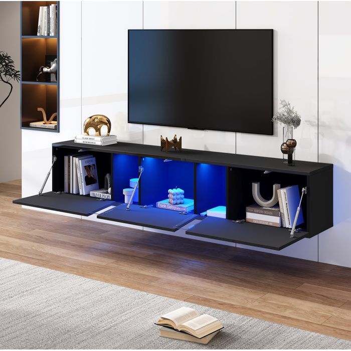 ROVRYN meuble TV mural suspendu 180 x 35 x 30 cm LED contrôlé par application 3 portes noir brillant