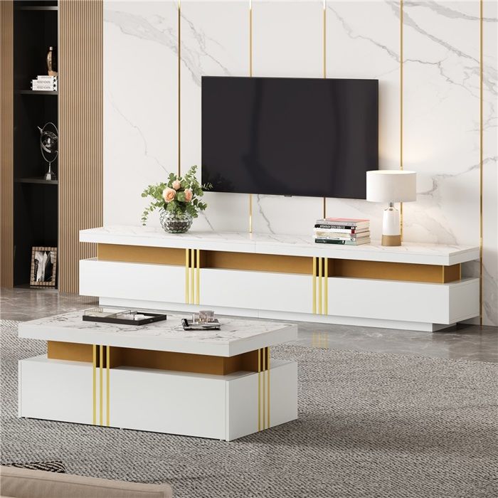 Ensemble Mural Blanc pour Salon Set Table Basse et Meuble TV Rangements Polyvalents pour Pièce à Vivre Support Écran avec Étagères Ensemble Mural Blanc pour Salon Set Table Basse et Meuble TV Rangements Polyvalents pour Pièce à Vivre Support Écran avec Étagères