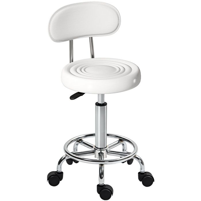 Tabouret à roulettes - HOMCOM - hauteur réglable dossier et repose-pieds pivotant 360° - cadre en acier - 32x40x70-86cm - blanc Tabouret à roulettes - HOMCOM - hauteur réglable dossier et repose-pieds pivotant 360° - cadre en acier - 32x40x70-86cm - blanc