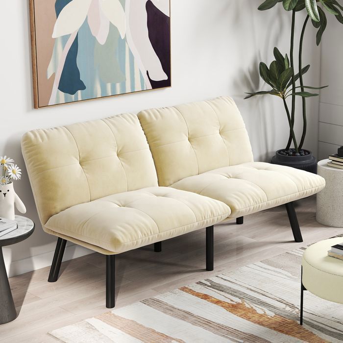 Canapé Clic-Clac - SOGEU - 160x81x78 cm - Velours crème - 2 places - Cadre métal
