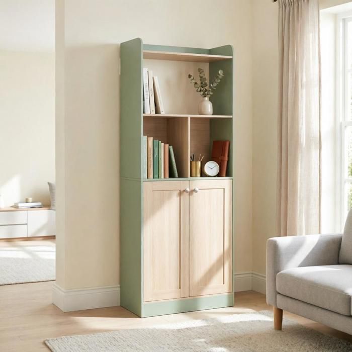 Armoire haute 60x30x161 2 cm niche ouverte angles arrondis anti-basculement MDF et panneaux de particules vert effet bois
