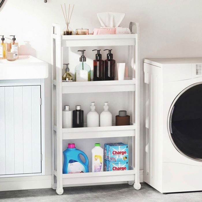 Chariot de Rangement Etroit COSTWAY Desserte- 4 Niveaux- Roulettes- 54x18 5x103 cm - pour Salle de Bain Cuisine Buanderie Blanc
