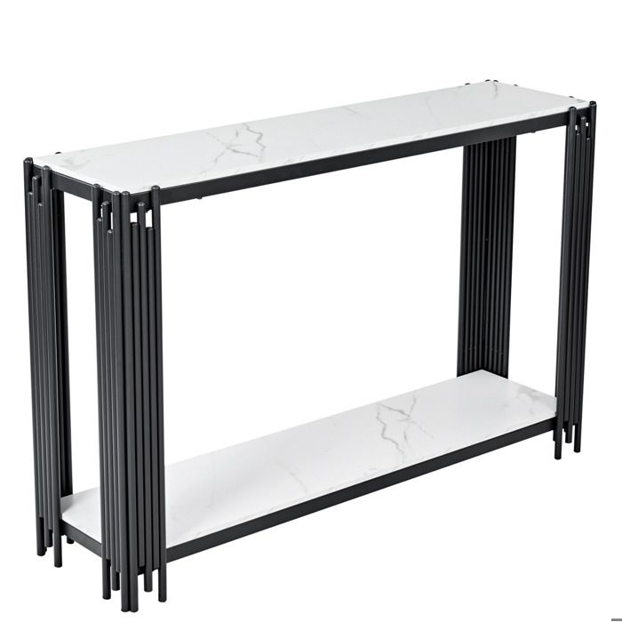 SENVIRO table console 123 5 x 33 5 x 80 cm 2 étagères effet marbre blanc structure en métal noir pour entrée salon et chambre