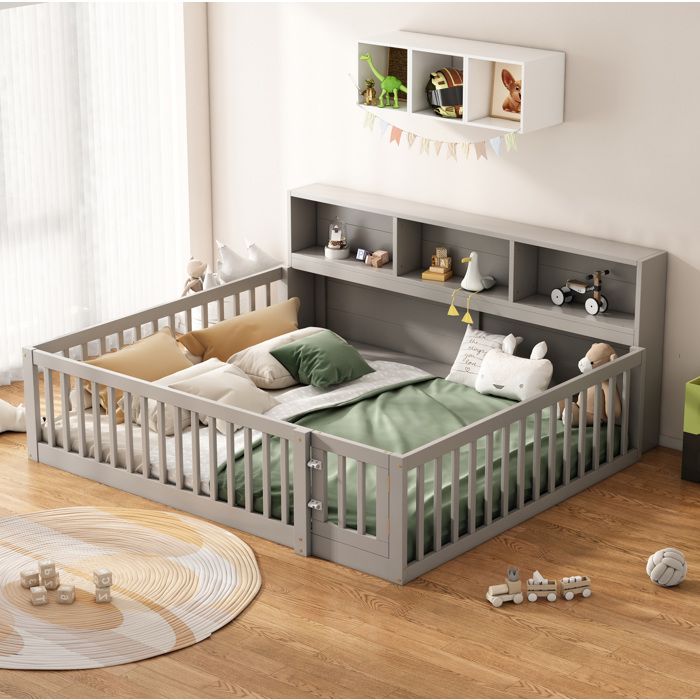 Lit banquette enfant 140 x 200 cm - rangements intégrés barrières de sécurité sommier à lattes gris