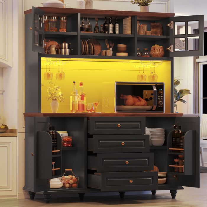 Buffet de cuisine highboard noir avec éclairage RGB LED 4 tiroirs 4 portes étagères réglables