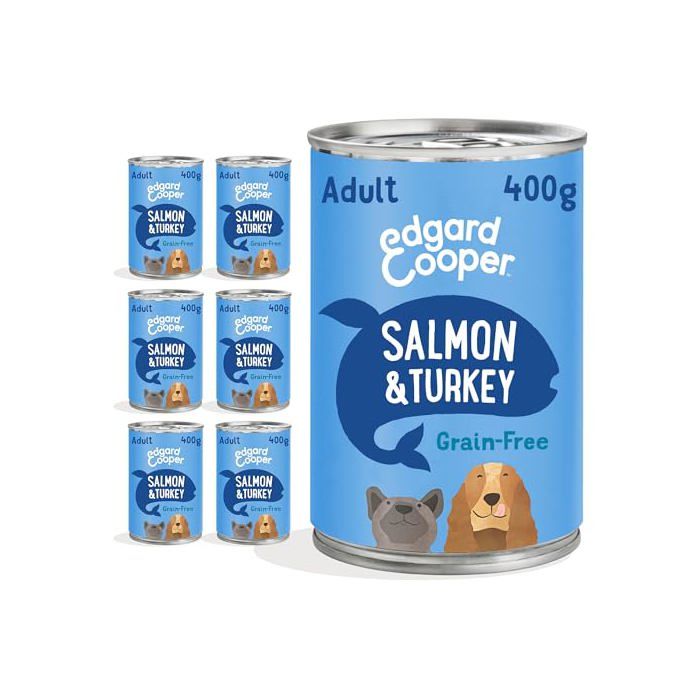 Nourriture humide pour chiens adultes - Saumon & Dinde 400 g x6 - Sans céréales - 100% naturel - Riche en oméga‑3