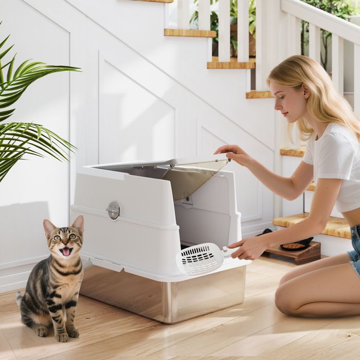 Litière pour grands chats en acier inoxydable couvercle rabattable pelle et désodorisant gris clair