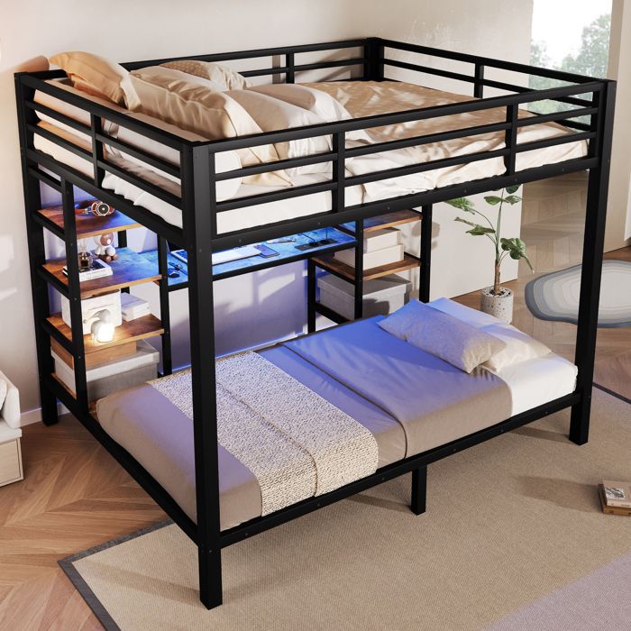 Lit superposé 90 x 200 cm / 140 x 200 cm avec rangements LED et USB/Type-C – noir