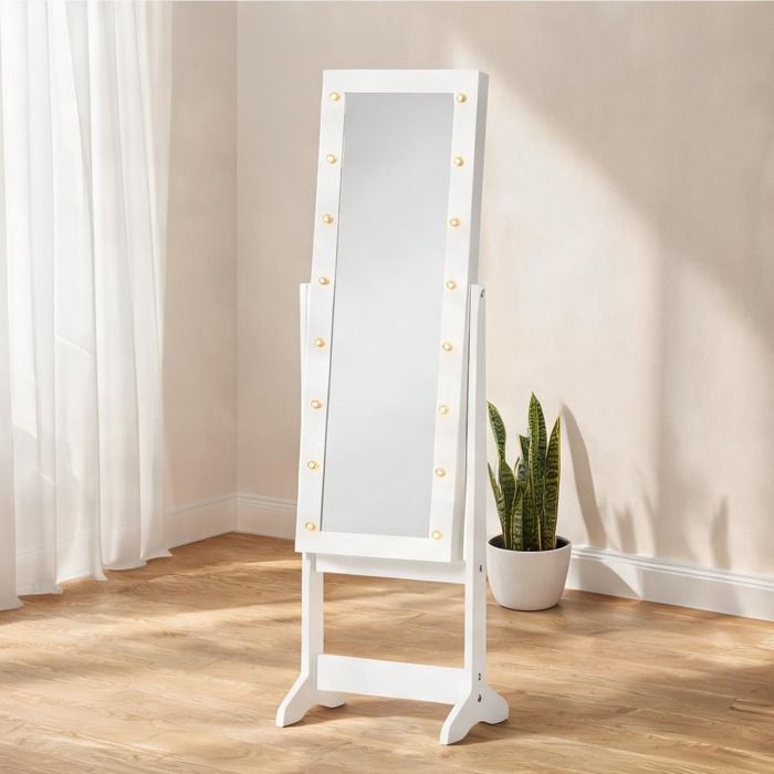 Armoire à bijoux sur pied avec miroir LED et 3 angles réglables 36 x 30 x 136 cm MDF laqué blanc