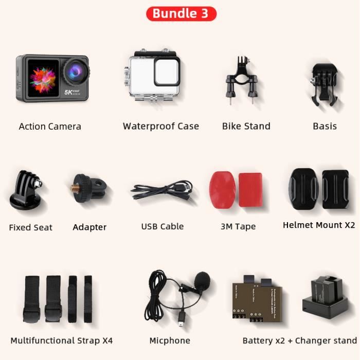 Bundle 3 sans carte-Caméra d'action anti-tremblement WiFi, caméra de sport  étanche avec télécommande, écran t - Cdiscount Appareil Photo