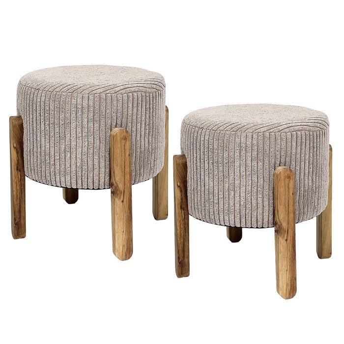 AMORY - Lot de 2 Tabourets en velours côtelé coloris taupe pieds en acacia AMORY - Lot de 2 Tabourets en velours côtelé coloris taupe pieds en acacia