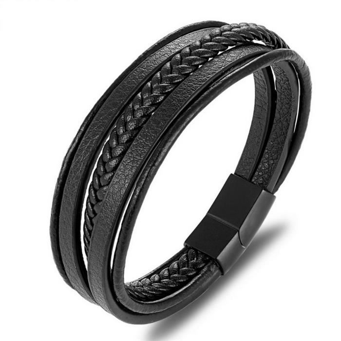 Bracelet homme femme en acier inoxydable et cuir noir 23//21//19 cm