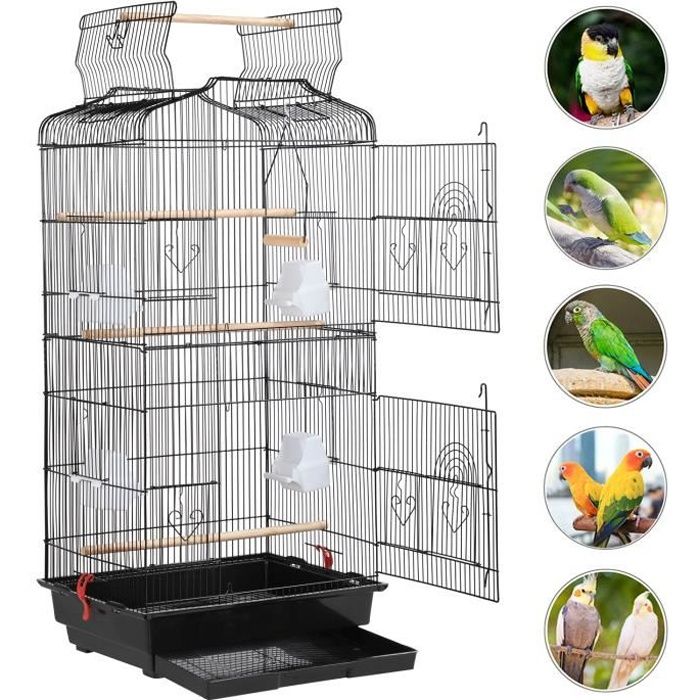 Yaheetech Cage Pour Oiseaux Volière De Perroquet Canaries Perruche Canaris 46 X 36 X 92 Cm Avec 4 Mangeoires 3 Perchoirs Noir