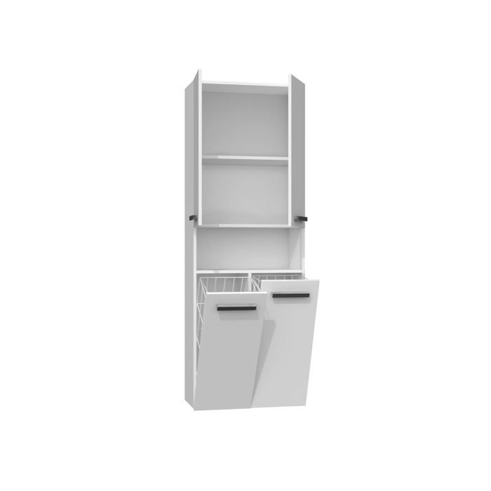 Meuble de salle de bain Bagnoli DK 2K - Blanc mat/Blanc brillant - Porte courte et deux paniers - 30x60x174 cm