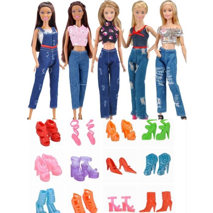 Ensembles de Vetement Poupee 5 Hauts T shirts 5 Pantalons Jeans 5 Paires Chaussures Accessoire pour Poupee Barbie 29cm