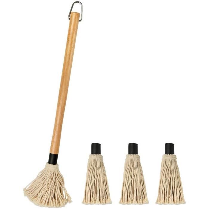 Pinceau Barbecue 46 Cm – Mop BBQ En Bois Avec 4 Têtes De Rechange En Coton Absorbant – Idéal Pour Sauces, Marinades & Grillades
