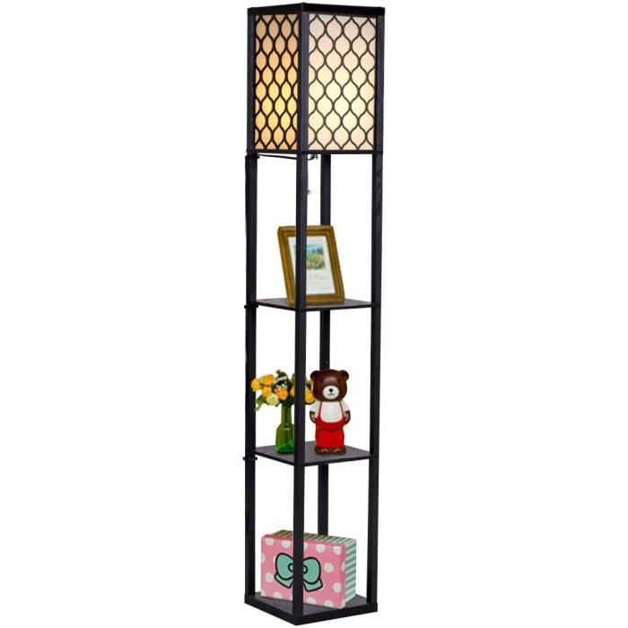 Lampadaire en bois 1,56mà 2 etagères de stockage design scandinave double interrupteur pour chambre 40w 2 ampoule non-inclus