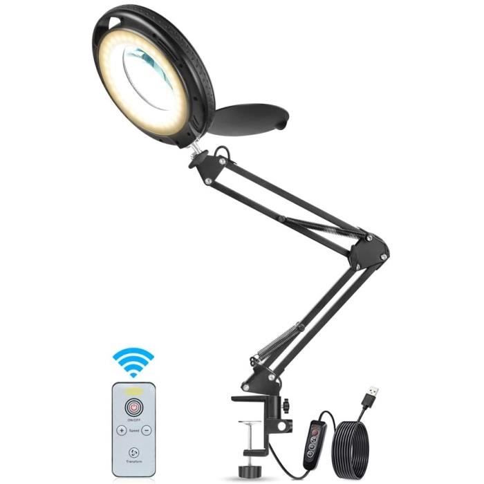 Lampe Loupe De Bureau 2 En 1 - Grossissement 10X Et 15X Avec Lumière LED 3 Couleurs - Bras Réglable, Alimentation USB - Pour Lecture, Bricolage, Couture