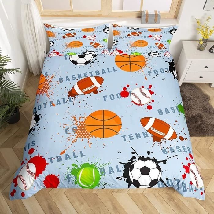 Housse De Couette 220x240 Cm Motif Basket-ball - Parure De Lit Adulte Avec 2 Taies D'oreiller, En Polycoton Doux