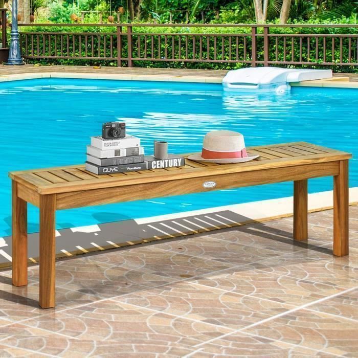 GOPLUS Banc de Jardin en Bois dAcacia sans Dossier Accoudoirs Assise Respirante avec Lattes et Grands Pieds Pieds sans Barre