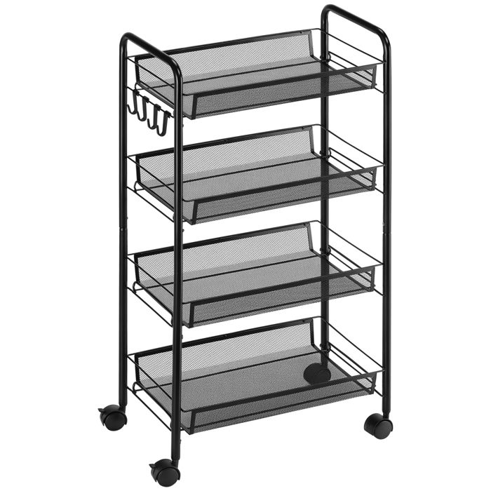 Chariot de rangement - HOMCOM - 4 niveaux desserte roulettes paniers amovibles 4 crochets - acier - 45x26 5x84cm - noir Chariot de rangement - HOMCOM - 4 niveaux desserte roulettes paniers amovibles 4 crochets - acier - 45x26 5x84cm - noir