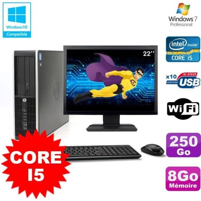 Lot PC HP Elite 8200 SFF Core I5 3.1GHz 8Go 250Go DVD WIFI W7 + Ecran 22\