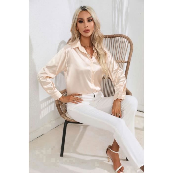 Chemisier Femme Satin Soie Col En V Manches Longues Casual Chemise