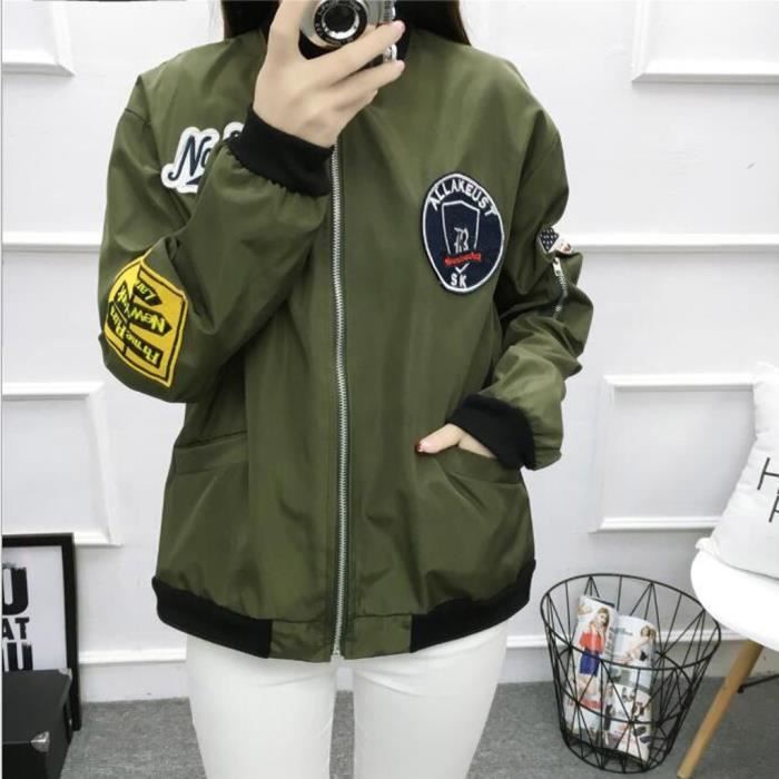 Onsoyours Blouson Bomber Femme Manches Longues Vintage Veste Bomber Casual Zipper Jacket College Poches Coupe-Vent Baseball Blouson Sweat Veste